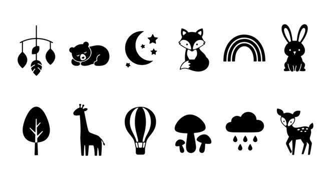 Cute Woodland Animals & Nature Icons, Baby Mobile & Nursery Elements, Black & White Vector Set