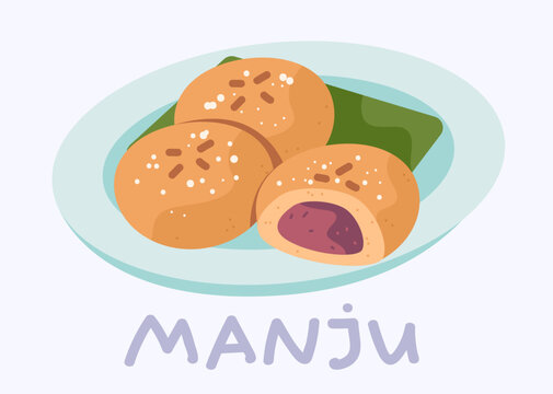 Cartoon Japanese Manju dessert vector illustration with traditional red bean paste filled steamed buns on plate