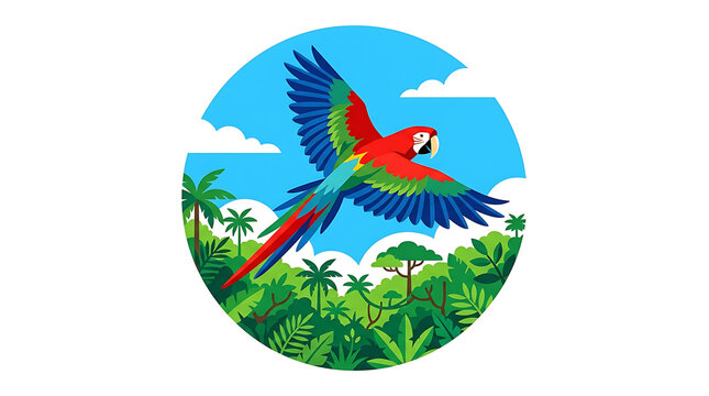 A colorful macaw parrot flying above a lush tropical jungle