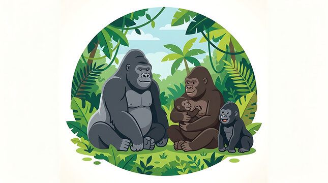 A family of gorillas sitting together in a lush tropical jungle