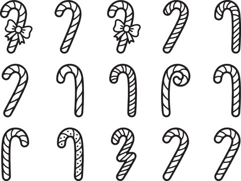  candy cane vector icons, hand drawn holiday sweets collection, black and white winter treats set