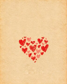 Vintage-style whimsical illustration of a large heart outline composed of a cluster of smaller red and pink hearts on a cream background.
