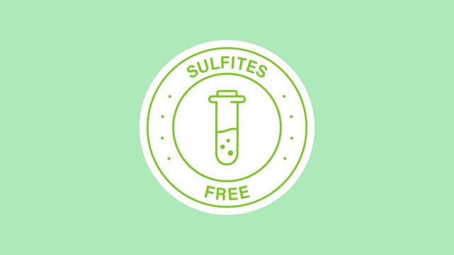 Sulfites free food safety sticker animation with a test tube with liquid and bubbles inside on a transparent background. Sulfites free label. Seamless animated icon. 4K video overlay isolated element.