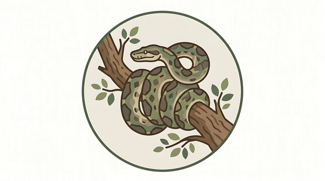 Illustration of a coiled snake resting on a tree branch inside a circular frame