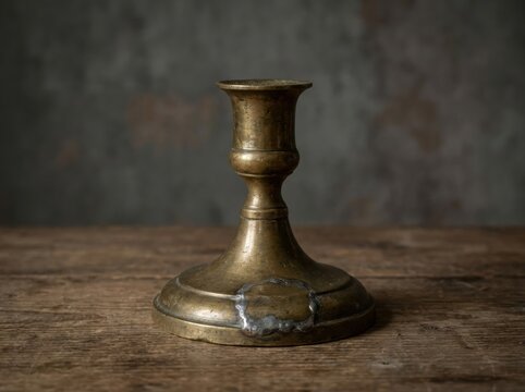 durable object showing tasteful signs of age and repair Antique brass candlestick holder on rustic wooden surface with textured background