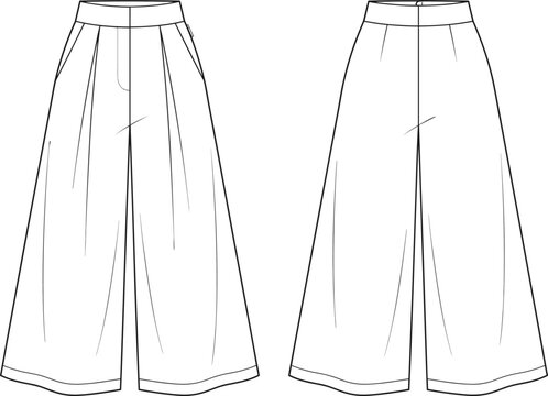 Wide Leg Palazzo Trousers Front and Back Technical Flat Sketch
