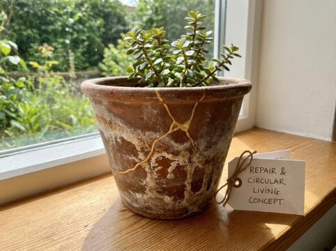 durable object showing tasteful signs of age and repair A cracked terracotta pot repaired with kintsugi technique and a concept tag.