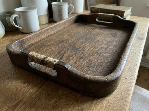 durable object showing tasteful signs of age and repair Rustic wooden serving tray on a wooden table with mugs and books in the background