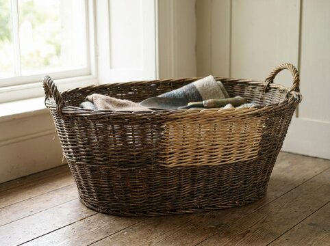 durable object showing tasteful signs of age and repair Woven wicker basket filled with blankets placed on wooden floor near window.