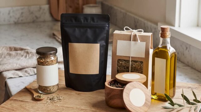 Items are arranged on a wooden table, including bags, bottles, and jars of various kitchen goods. This setup focuses on spices, oils, and packaged items used for cooking