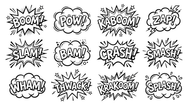Hand-drawn comic book sound effects collection featuring various onomatopoeia like BOOM, POW, ZAP, CRASH, and SMASH in dynamic speech bubbles and burst shapes, in black and white.