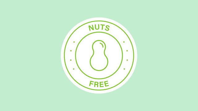 Nut allergy warning sticker animation with a green peanut outline inside circular on a transparent background. Nut-free label indicating. Seamless animated icon. 4K video overlay isolated element.
