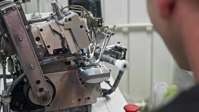Closeup of a textile factory worker feeding a knitted work glove into an industrial overlock sewing machine to hem and stitch the elastic cuff.