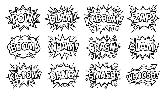 A collection of comic book style sound effect speech bubbles and exclamations like POW, BLAM, KABOOM, and ZAP, drawn in a cartoonish, explosive graphic design.