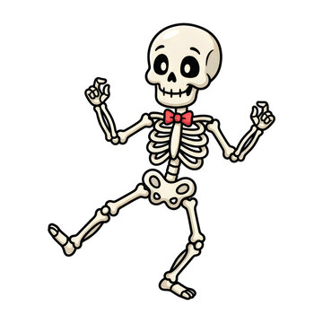 Funny cartoon skeleton icon set, dancing character with red bowtie, isolated animation assets, abstract symbols for design isolated on White Background halloween
