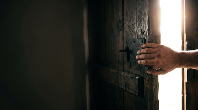 Close up of a person's hand opening an old rustic wooden door to reveal bright sunlight and hope for new beginnings