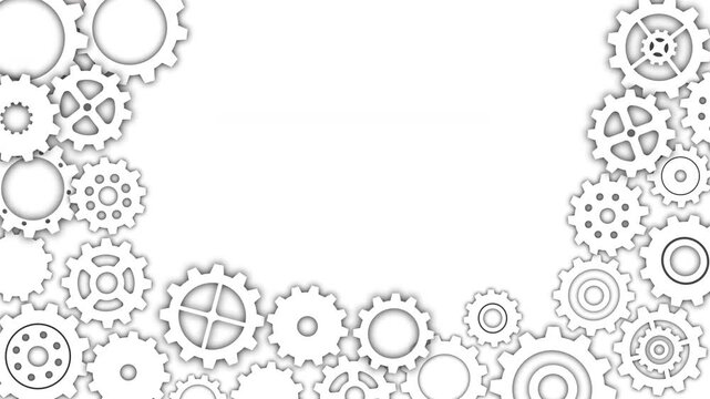 Rotating White Cogwheel Border Frame Video, Technical Engineering Mechanism Mechanical Gear Frame Motion Graphic Video, White Steampunk Cogwheels