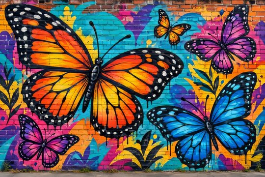 Mural de mariposas de grafiti colorido