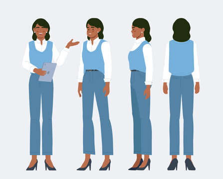 Business woman character shown in front, side and back views with tablet and presentation gesture for animation and design, vector illustration