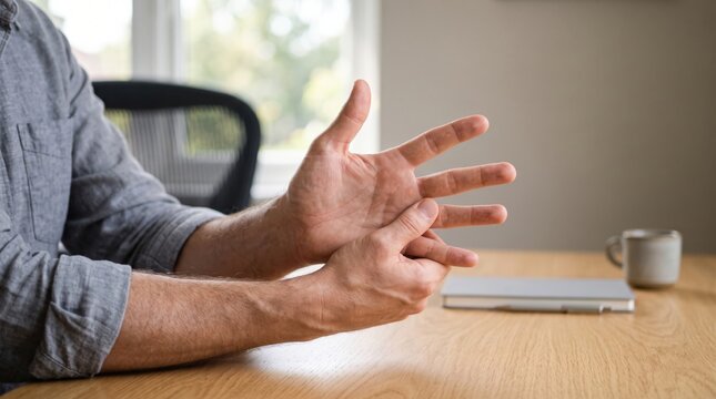 Adult sitting at a wooden desk stretching and massaging stiff fingers to relieve hand pain