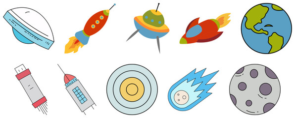 Hand-drawn doodle collection of colorful space rockets, UFOs, and planets © Nd Studio 