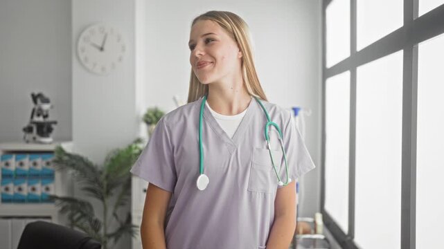 Woman doctor with stethoscope smiling and giving thumbs up in a building clinic by large window, wearing scrubs and standing beside office desk; warm confidence.