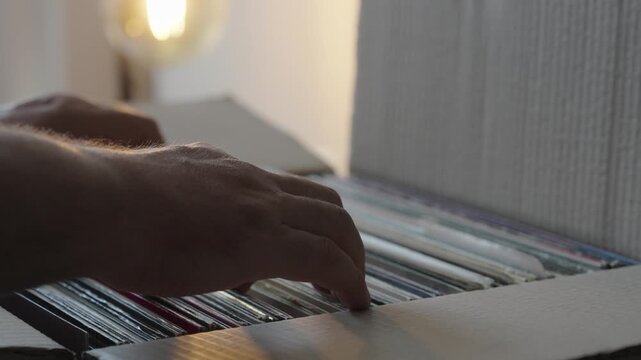 Hands Browsing Vinyl Record Collection in Cardboard Box