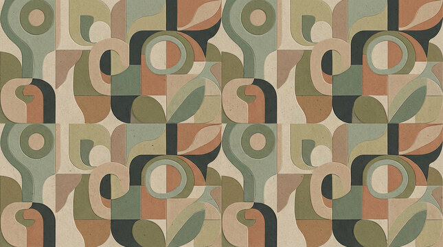 Abstract geometric pattern with mid century modern shapes in earth tones.