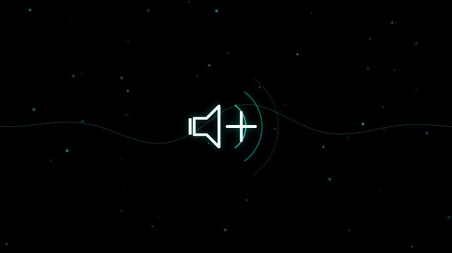 Minimalist digital sound control icons with volume up and mute toggle switching on dark animated particle background motion graphics