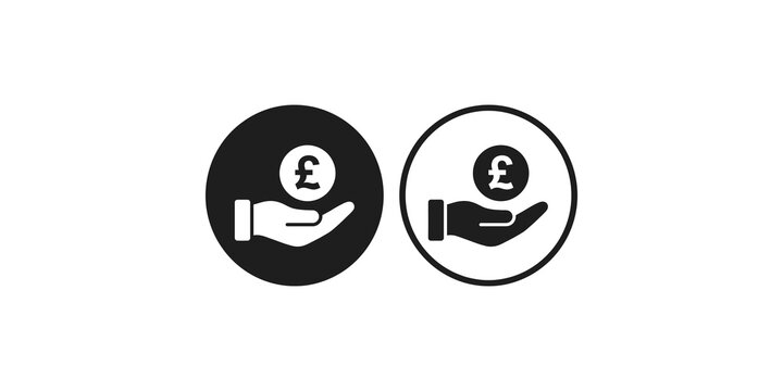 British pound coin on hand vector icon set.