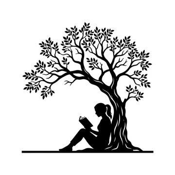 Girl Sitting Under Tree Silhouette in a Romantic Nature Landscape with Flowers and Grass, Elegant Vector Illustration of Love, Beauty, Family, and Spring Park Scene