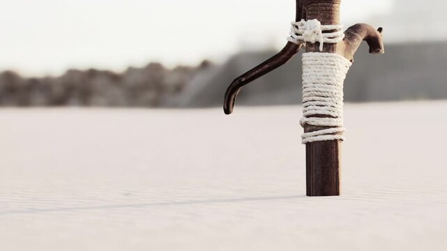 A sturdy wooden post is anchored firmly in warm sand, wrapped with white rope. The soft hues of dusk gently illuminate the scene, creating a peaceful atmosphere near a tranquil beach.