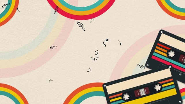 retro cassette tape with music notes on paper texture animation , retro party musical nightclub party vertical social media motion background
