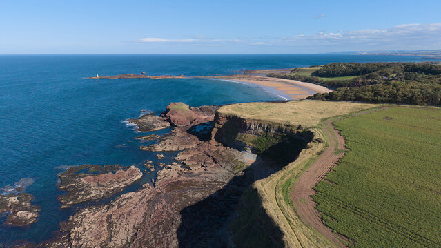 Drone view of dramatic coastal cliffs and agricultural fields leading towards Seacliff Beach in East Lothian Scotland