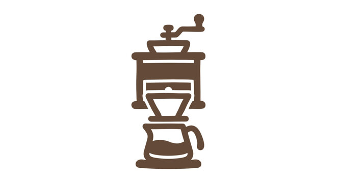 Elegant Brown Line Drawing of Coffee Grinder and Chemex Coffee Maker Set on White with high quality professional line art symbols for modern creative design and digital branding projects