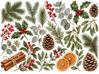 Watercolor Christmas botanical collection with pine cones, holly berries and winter foliage © ADEEL