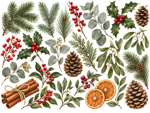 Watercolor Christmas botanical collection with pine cones, holly berries and winter foliage