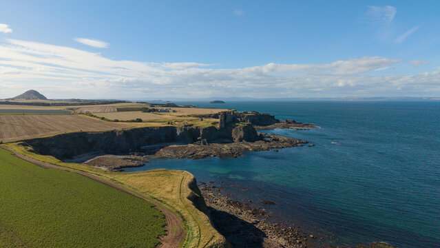Coastline view of cliffs near Tantallon Castle and North Berwick Scotland
