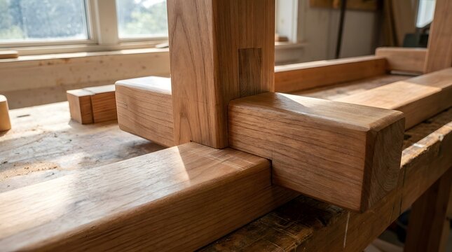 Wooden mortise and tenon joint construction in a professional carpentry workshop