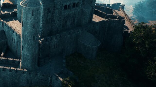 A grand medieval castle stands proud atop a hillside, surrounded by vibrant trees and rolling landscapes. The sun illuminates its sturdy stone walls, showcasing its historical beauty.