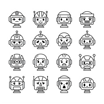 Set of sixteen cute robot head icons with various facial expressions in line art style.