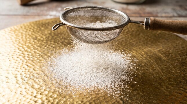 White flour sifting through a metal sieve onto a textured golden surface for baking.