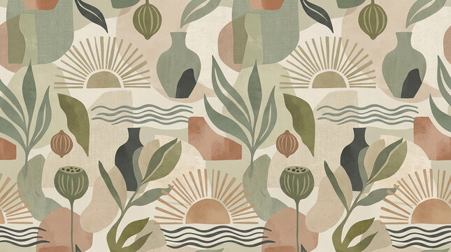 Boho chic pattern with sunburst shapes and clay vases in soft sage green and terracotta for aesthetic wall art background.