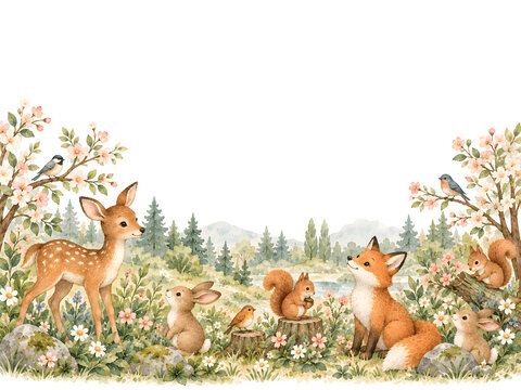 Panoramic watercolor spring woodland scene with cute forest animals and blooming flowers
