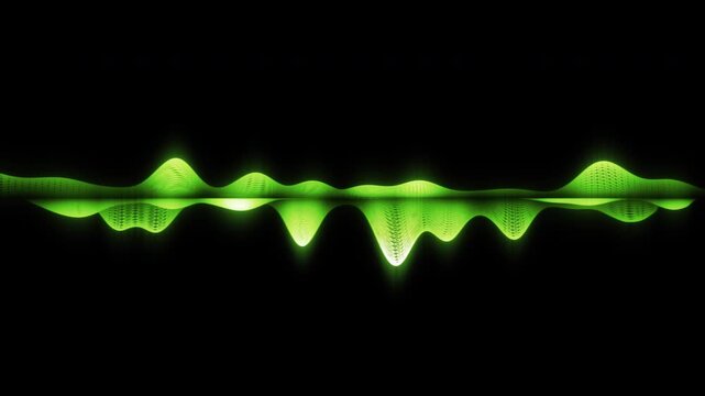 Futuristic sci-fi green digital frequency visualizer with symmetrical reflection and neon glow, dynamic background for DJ screens, club animations, electronic dance music track