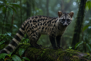 Fototapeta premium Wild African civet on mossy log in dim rainforest, spotted coat and dark face mask, wildlife and nature concept
