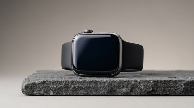 Modern black smartwatch on stone podium, sleek digital wearable device, minimalist tech accessory on slate rock