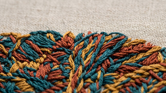 Macro close-up of colorful crochet embroidery threads in teal, rust and gold