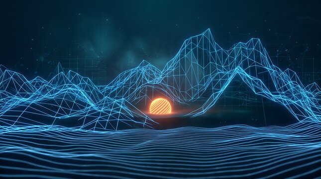 Abstract futuristic digital landscape with wireframe mountains, glowing orange sun and blue neon lines over a dark grid terrain