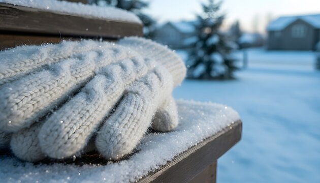 Snow covered gloves on step outside house during cold winter season for cozy warmth and frosty weather concept